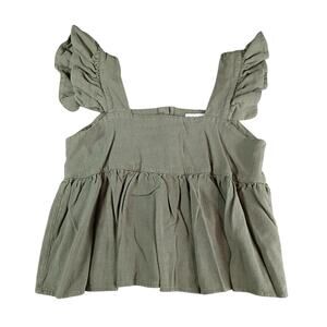 Miou Muse Shirt Womens Medium Green Crop Peplum Linen Blend Flutter Sleeve